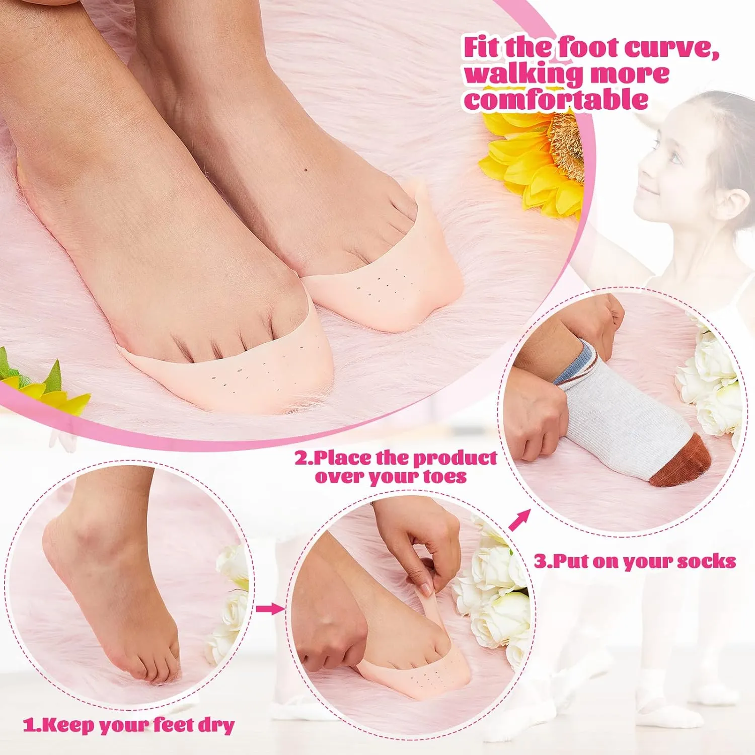 Zhanmai 6 Pcs Toe Cover Protectors for Women Silicone Toe Pouch Caps Gel Pads Pointe Shoes Protectors Gel Ballet Dance Sock Pads with Breathable Hole for Ball of Foot Metatarsal(Beige)