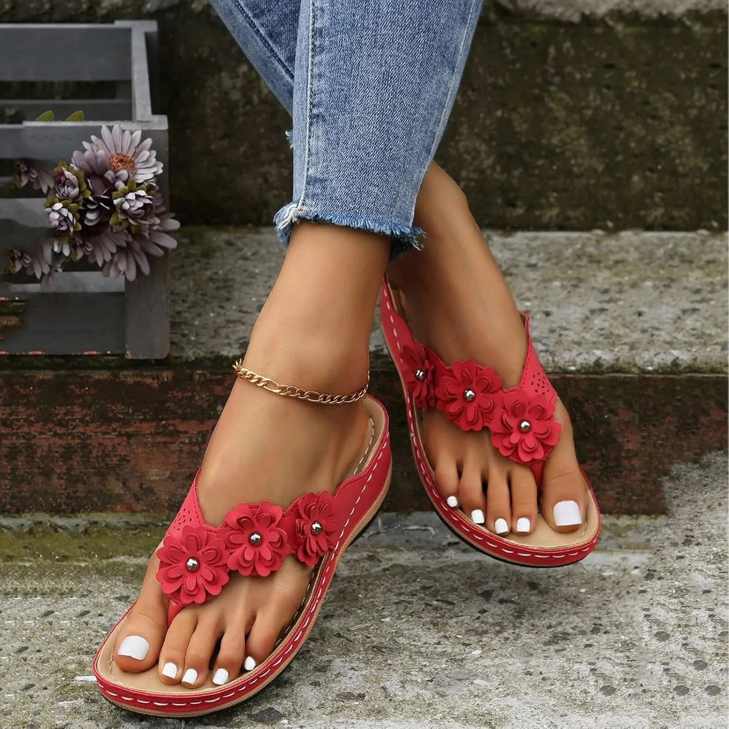 ZSpzx Women Wedge Sandals 2025,Fashion Cute Flower Flip Flops Arch Support Plantar Fasciitis Orthopedic Slides Comfortable Ladies Dress Walking Footwear Breathable Soft Cushion Peep Toe Daily Wear