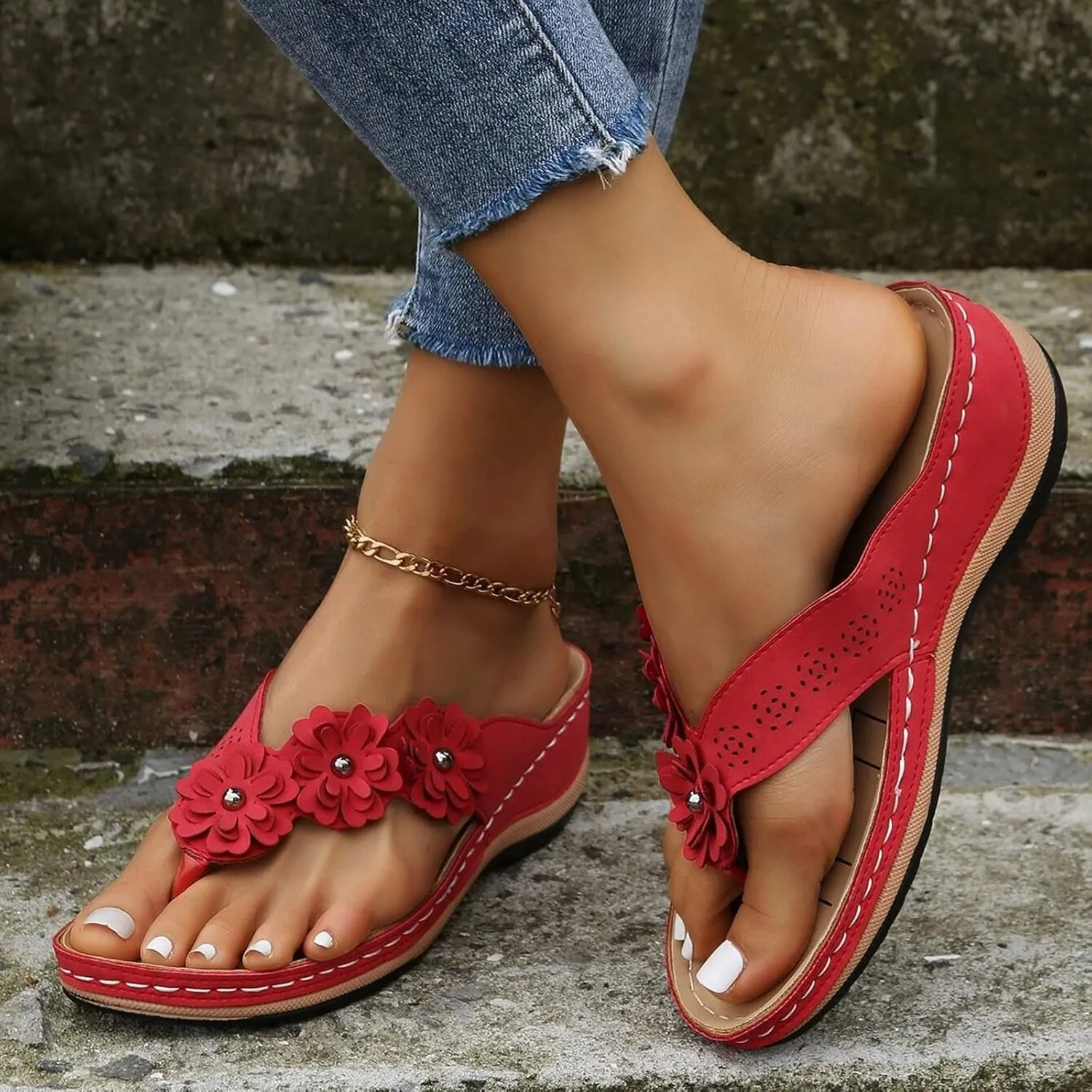ZSpzx Women Wedge Sandals 2025,Fashion Cute Flower Flip Flops Arch Support Plantar Fasciitis Orthopedic Slides Comfortable Ladies Dress Walking Footwear Breathable Soft Cushion Peep Toe Daily Wear