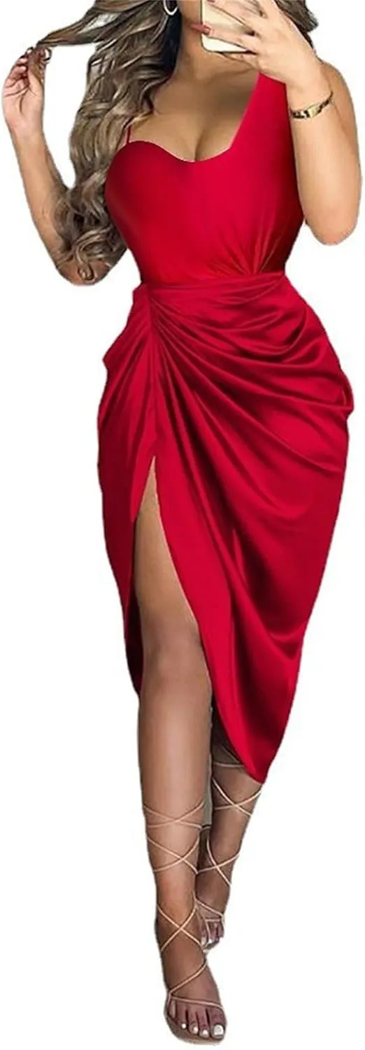 ZWRXW Formal Dresses for Women Sexy One Shoulder Ruched Bodycon Dress Sleeveless Wrap Party Cocktail Midi Dresses with Slit