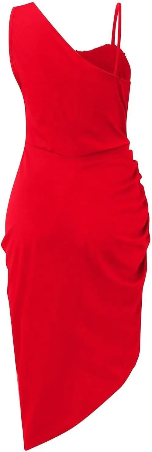 ZWRXW Formal Dresses for Women Sexy One Shoulder Ruched Bodycon Dress Sleeveless Wrap Party Cocktail Midi Dresses with Slit